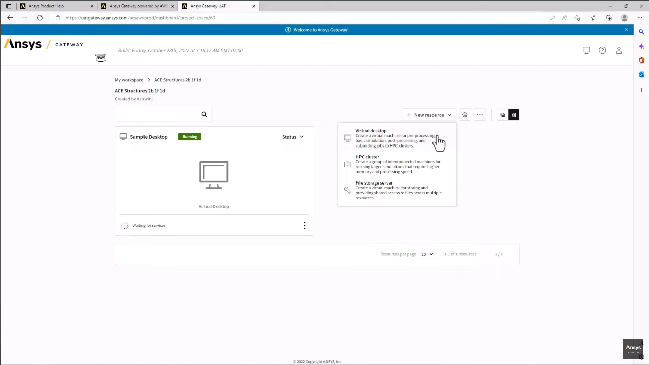 screenshot of Ansys Gateway powered by AWS